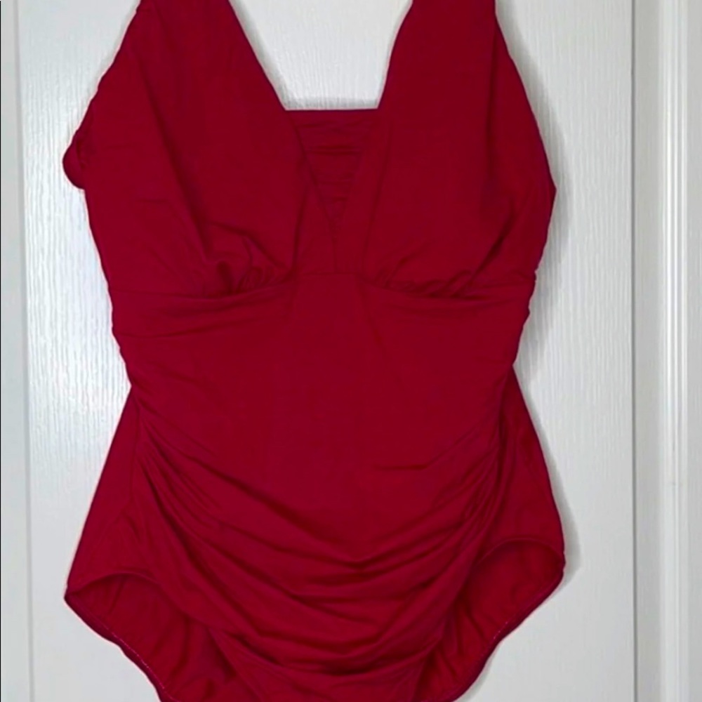Lands End Red Tummy Control Swimsuit Sz 16